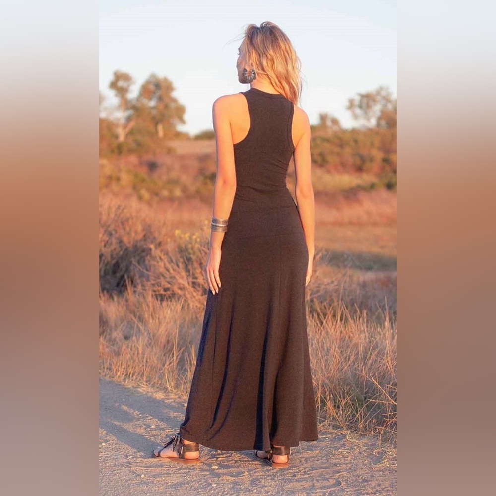 Nomads Hemp Wear Thalia Dress, Charcoal Gray Maxi Dress with Belt & Metal Ring - Picture 7 of 7